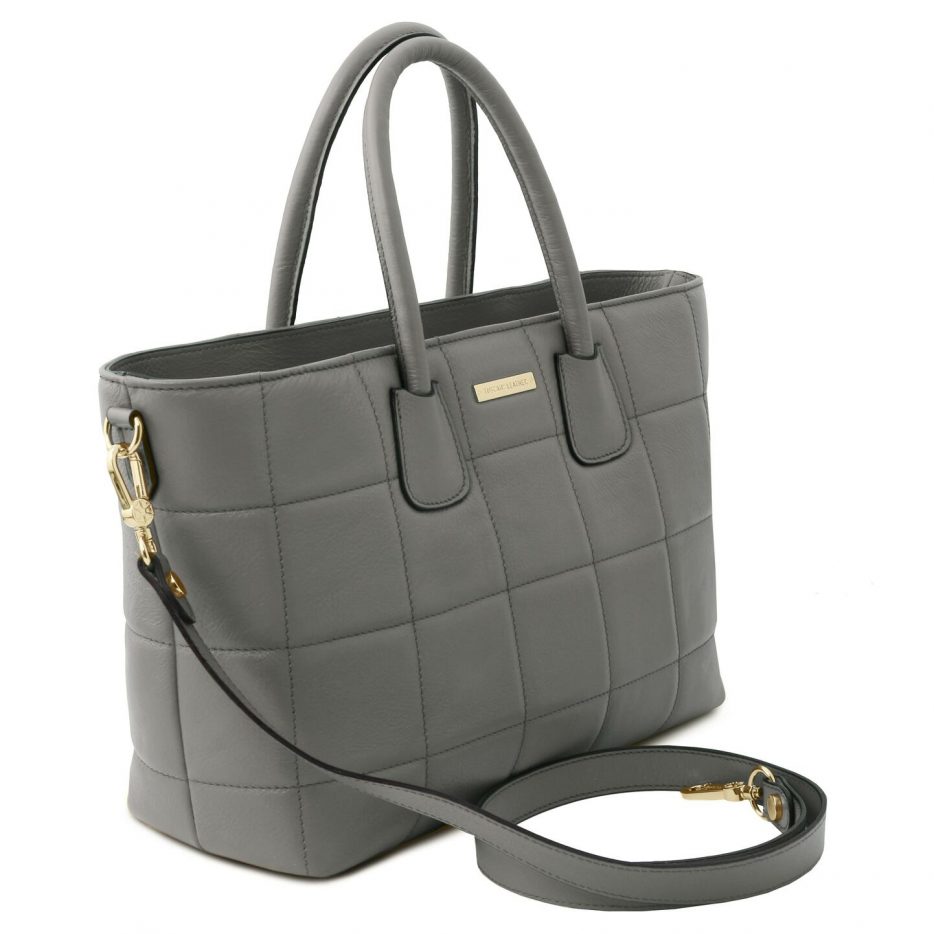 イタリア製フルグレインレザー2WAYキルティング・トートバッグ TL BAG、グレイ、詳細1