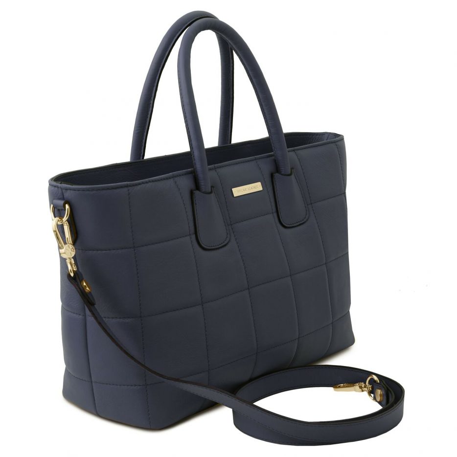 イタリア製フルグレインレザー2WAYキルティング・トートバッグ TL BAG、ダークブルー、詳細1