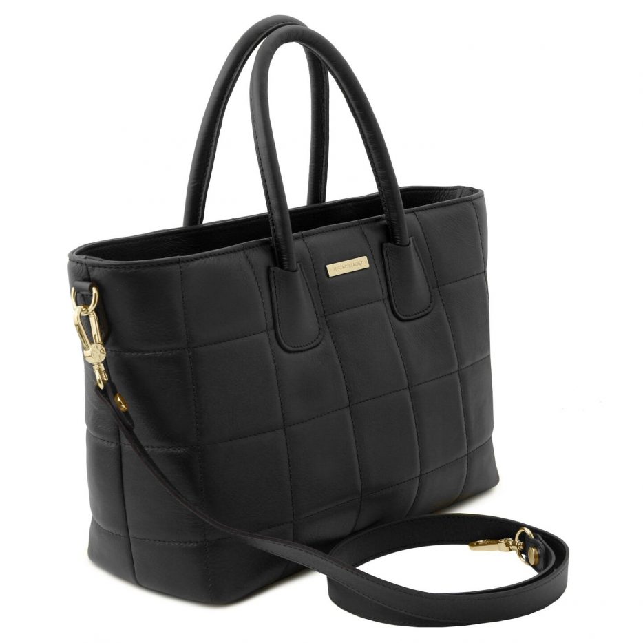 イタリア製フルグレインレザー2WAYキルティング・トートバッグ TL BAG、ブラック、詳細1
