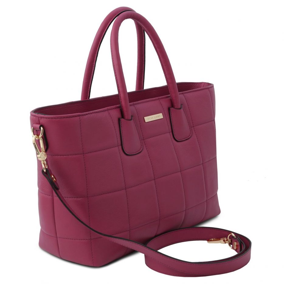イタリア製フルグレインレザー2WAYキルティング・トートバッグ TL BAG、プラム、詳細1