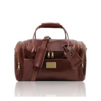 イタリア製ベジタブルタンニンレザーのサイドポケット付ボストンバッグTL VOYAGER-Sサイズ、ブラウン