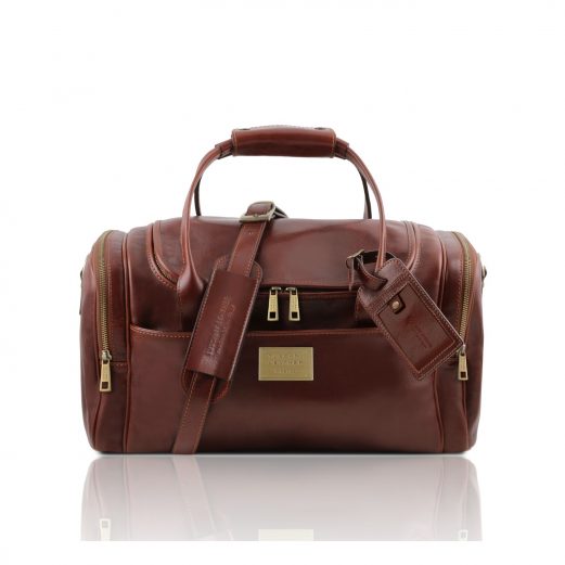 イタリア製ベジタブルタンニンレザーのサイドポケット付ボストンバッグTL VOYAGER-Sサイズ、ブラウン