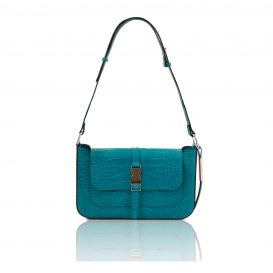 イタリア製クロコ型押しレザーのポシェット NOEMI、ターコイズ