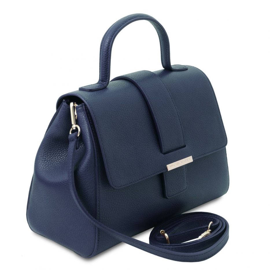 イタリア製シボ型押しレザーのワンハンドル2WAYハンドバッグ TL BAG-3、ダークブルー、詳細1