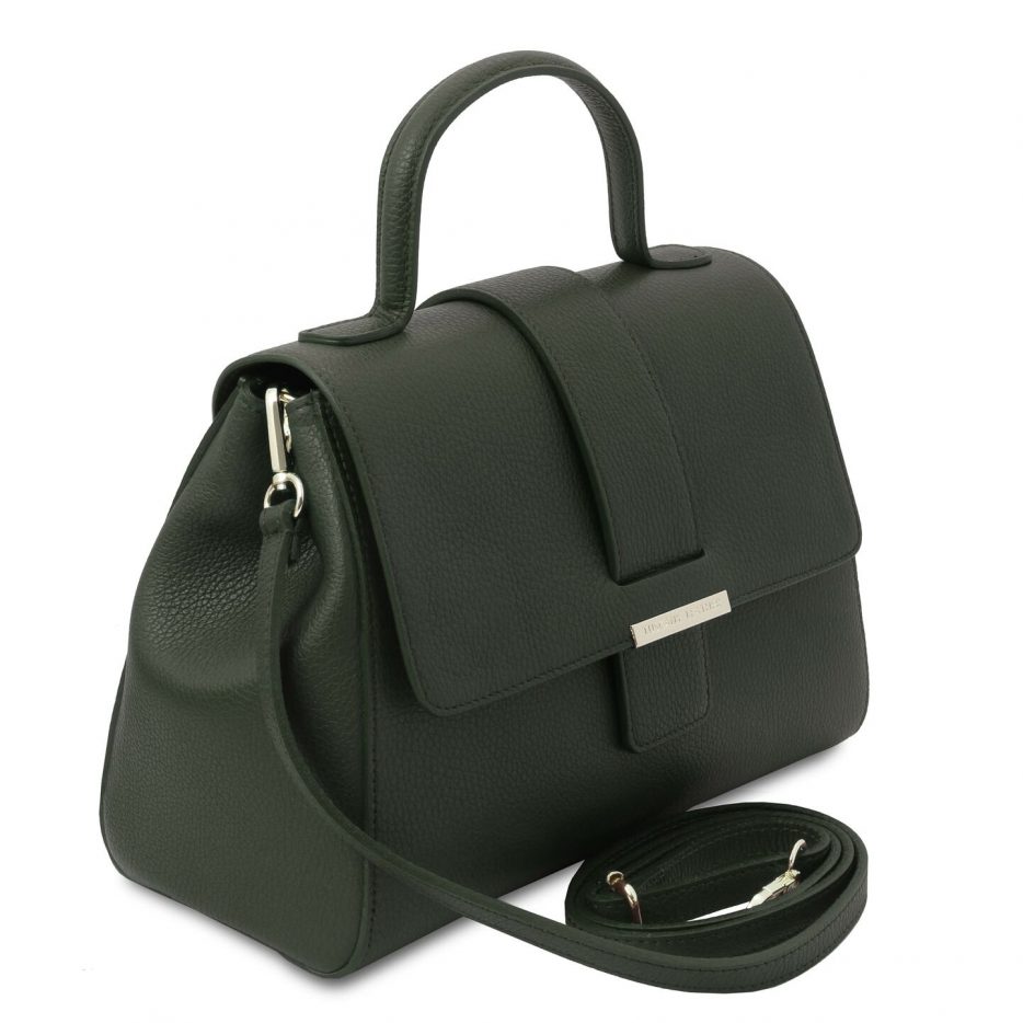 イタリア製シボ型押しレザーのワンハンドル2WAYハンドバッグ TL BAG-3、フォレストグリーン、詳細1