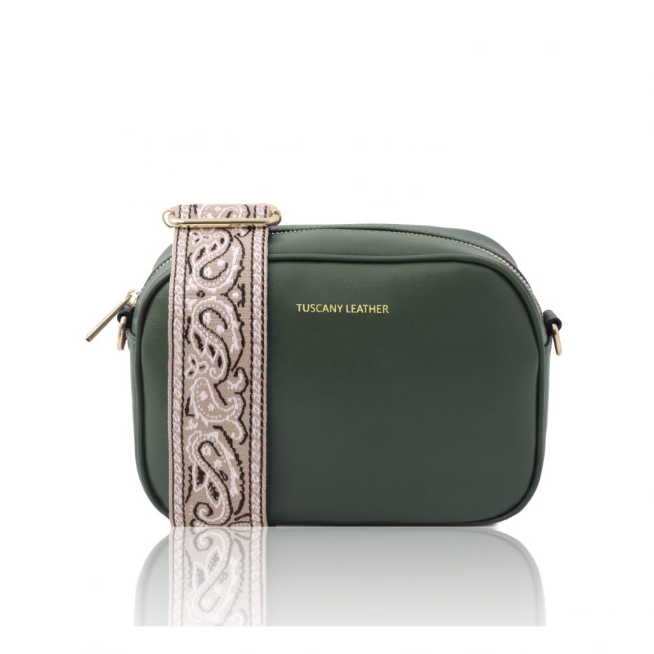 イタリア製スムースボックスレザー2デザインのストラップつきショルダーバッグ TL BAG、フォレストグリーン