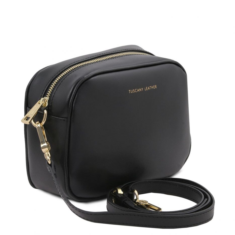 イタリア製スムースボックスレザー2デザインのストラップつきショルダーバッグ TL BAG、ブラック、詳細2