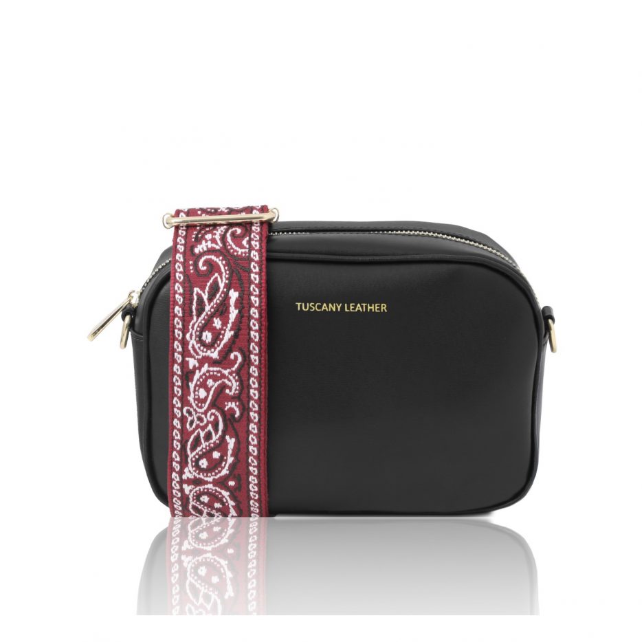 イタリア製スムースボックスレザー2デザインのストラップつきショルダーバッグ TL BAG、ブラック