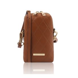 イタリア製キルティング・フルグレインレザーのスマートフォン・ミニショルダーバッグTL BAG、コニャック