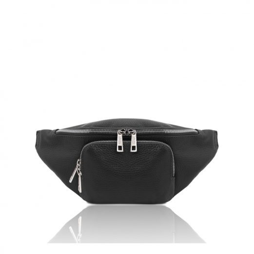 イタリア製シボ型押しソフトレザーのボディバッグ/ウェストバッグ、ブラック