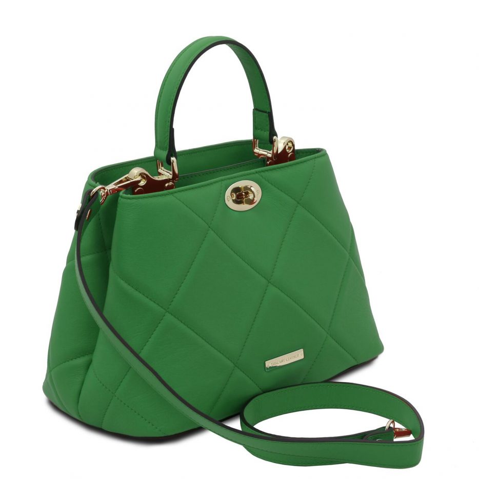 イタリア製フルグレインレザー2WAYキルティング・ハンドバッグ TL BAG、グリーン、詳細1