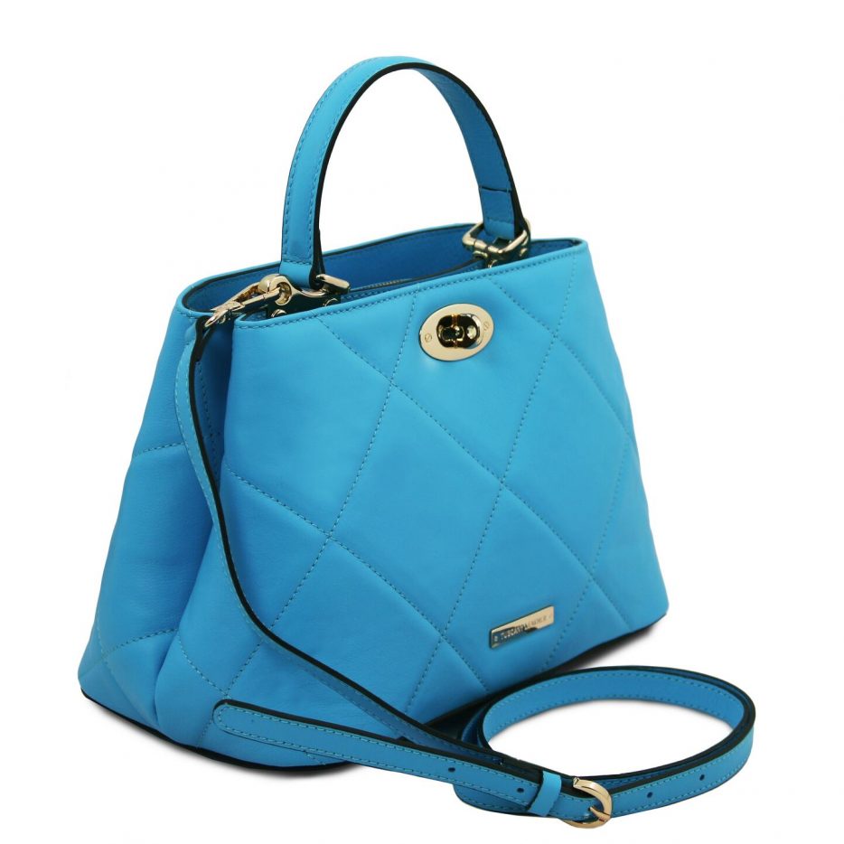 イタリア製フルグレインレザー2WAYキルティング・ハンドバッグ TL BAG、ライトブルー、詳細1