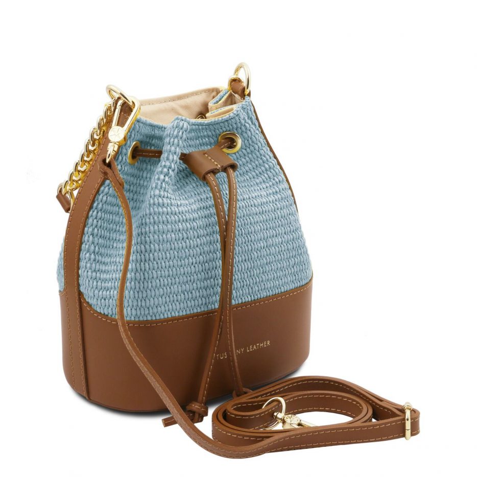 イタリア製ストロー風&スムースレザー2WAY巾着かごバッグ TL BAG、ライトブルー、詳細1