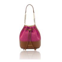 イタリア製ストロー風＆スムースレザー2WAY巾着かごバッグ TL BAG、フーシャピンク