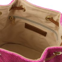 イタリア製ストロー風＆スムースレザー2WAY巾着かごバッグ TL BAG、フーシャピンク、詳細3