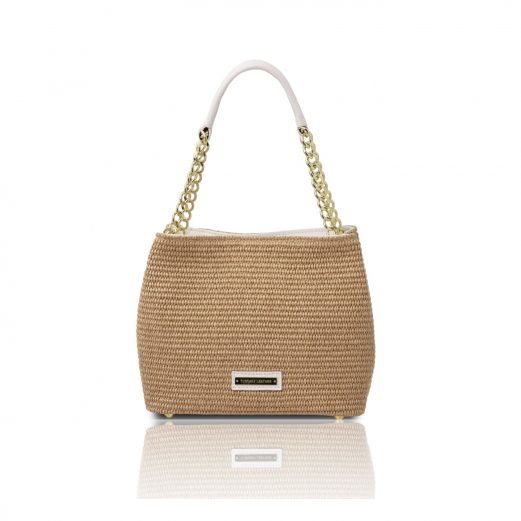 イタリア製ストロー風＆シボ型押しレザー2WAY巾着かごバッグ TL BAG、ベージュ