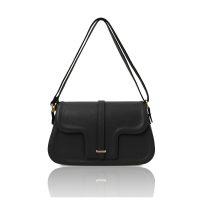 イタリア製シボ型押しレザーショルダーバッグ TL BAG、ブラック