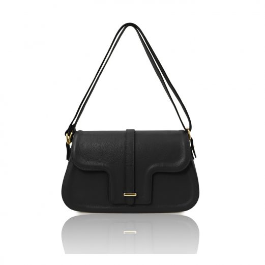 イタリア製シボ型押しレザーショルダーバッグ TL BAG、ブラック