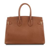 イタリア製シボ型押しレザーのエレガントなハンドバッグTL BAG、コニャック、詳細2