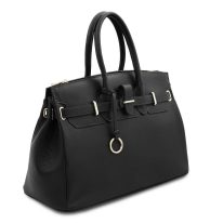 イタリア製シボ型押しレザーのエレガントなハンドバッグTL BAG、ブラック、詳細1
