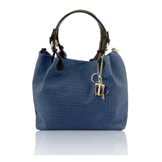 イタリア製イントレチャート編み込み風スウェードの2WAYトートバッグ TL KeyLuck、ダークブルー