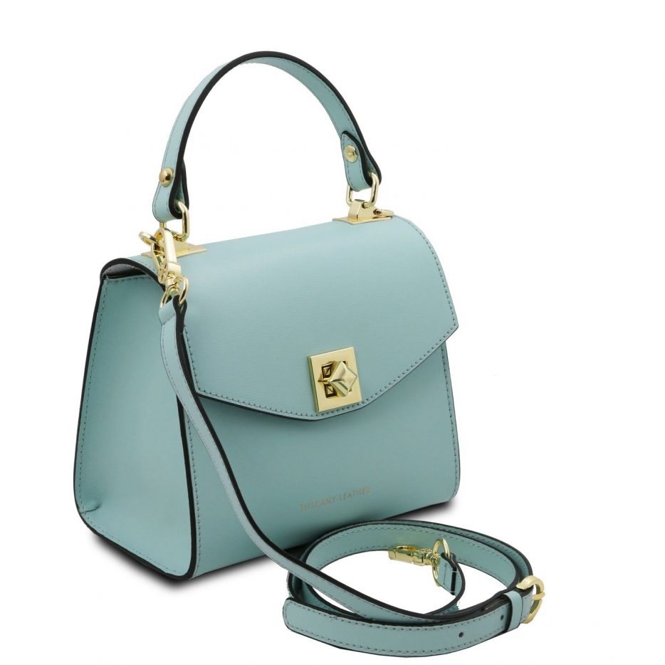 イタリア製スムースボックスレザー2WAYミニハンドバッグ TL BAG、ライトブルー、詳細1
