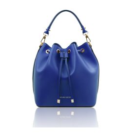 イタリア製スムースレザー2WAY巾着バッグ VITTORIA、ブルー