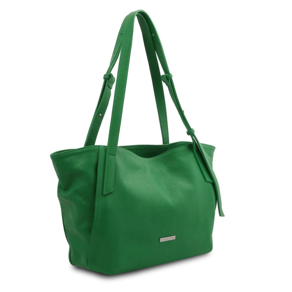 イタリア製シボ型押しやわらかいレザーのA4サイズトートバッグTL BAG、グリーン、詳細1