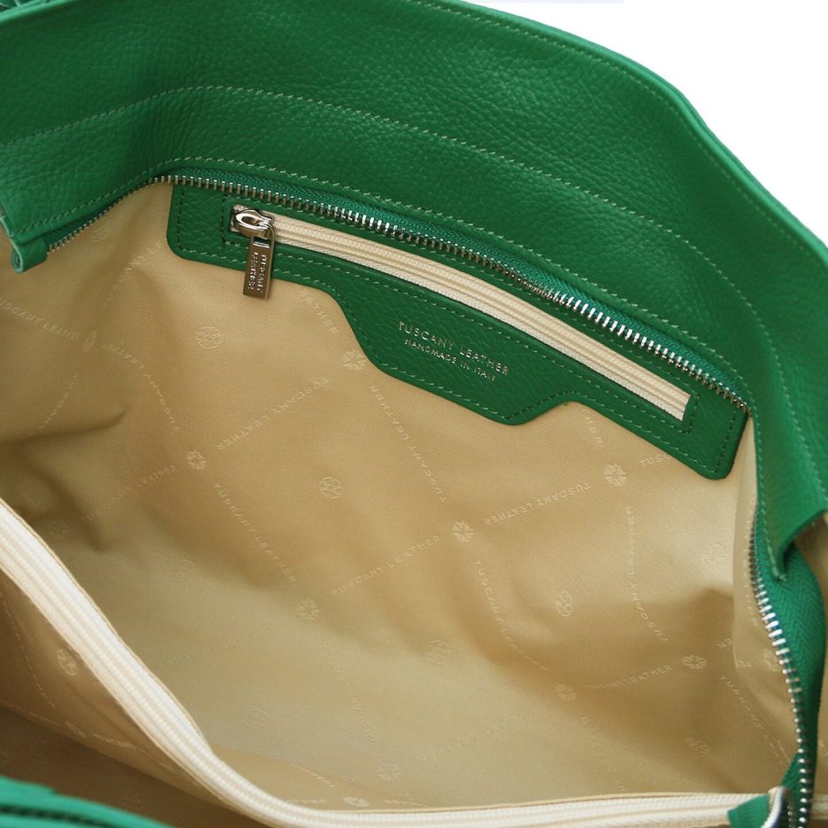 イタリア製シボ型押しやわらかいレザーのA4サイズトートバッグTL BAG、グリーン、詳細4
