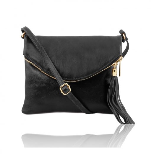 イタリア製ソフトレザーのタッセルつきポシェット TL Young Bag、ブラック