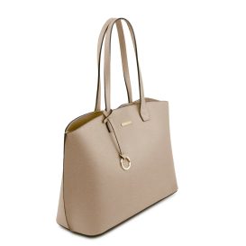 イタリア製シボ型押しレザートートバッグTL BAG、ライトトープ、詳細1