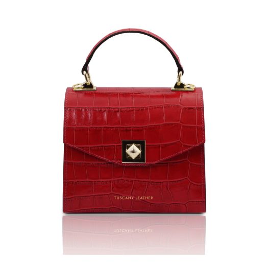 イタリア製クロコ型押しレザー2WAYミニハンドバッグ ATENA、レッド
