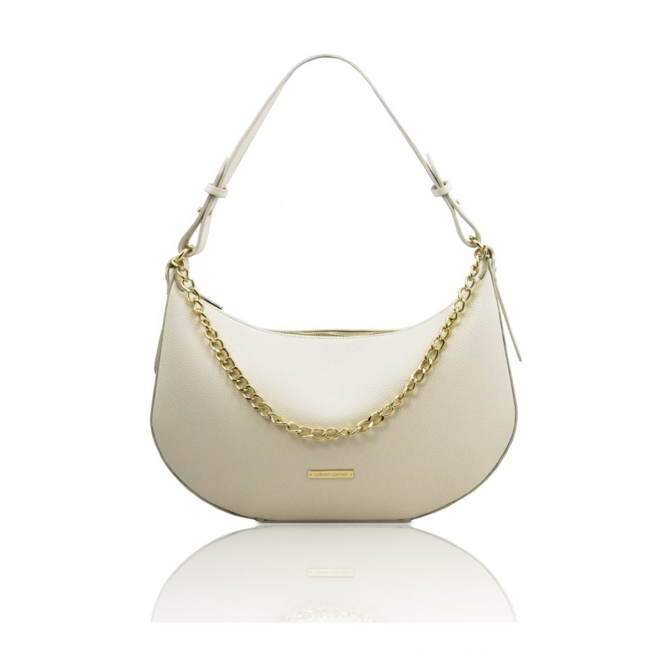 イタリア製シボ型押しレザー3WAY三日月バッグ LAURA、アイボリー