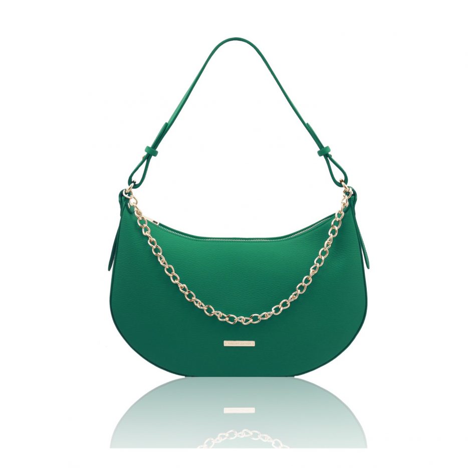 イタリア製シボ型押しレザー3WAY三日月バッグ LAURA、グリーン