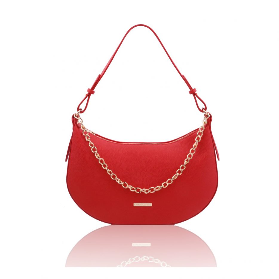 イタリア製シボ型押しレザー3WAY三日月バッグ LAURA、コーラル