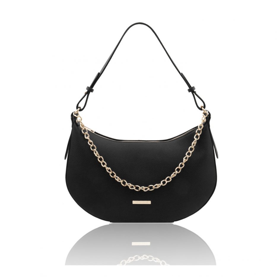 イタリア製シボ型押しレザー3WAY三日月バッグ LAURA、ブラック