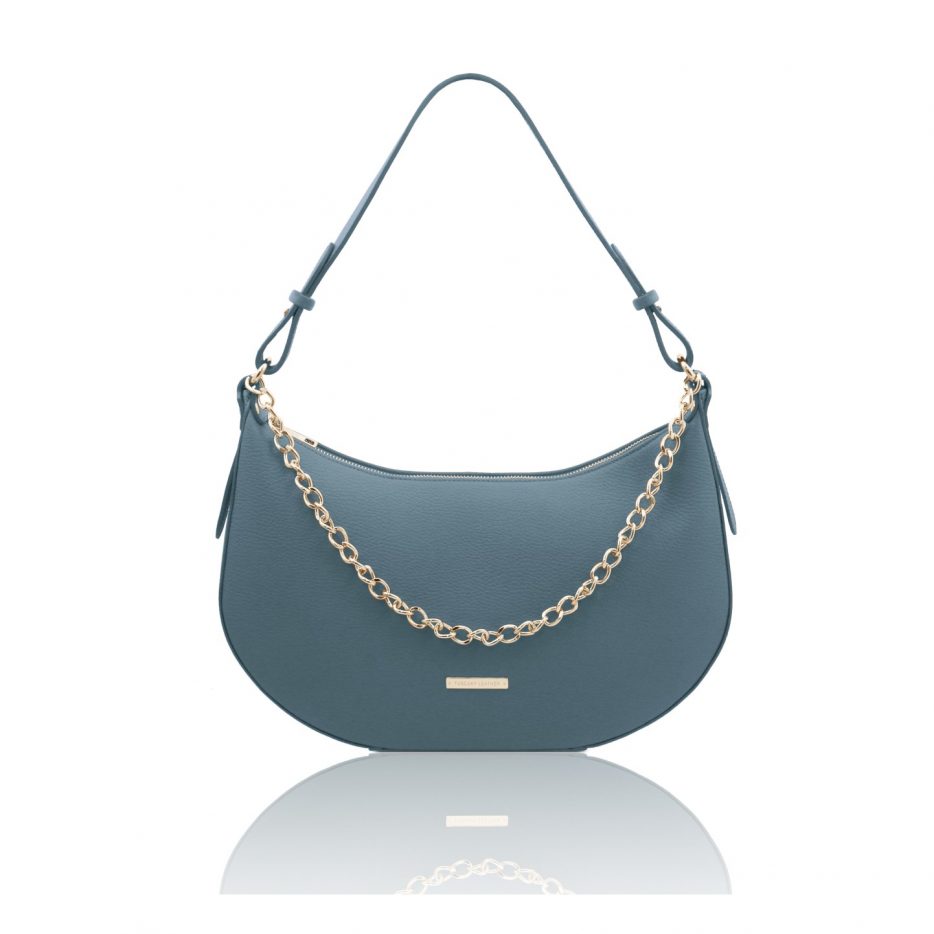 イタリア製シボ型押しレザー3WAY三日月バッグ LAURA、ライトブルー