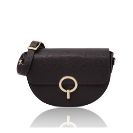 イタリア製 シボ型押しレザーショルダーバッグ ASTREA、ブラック