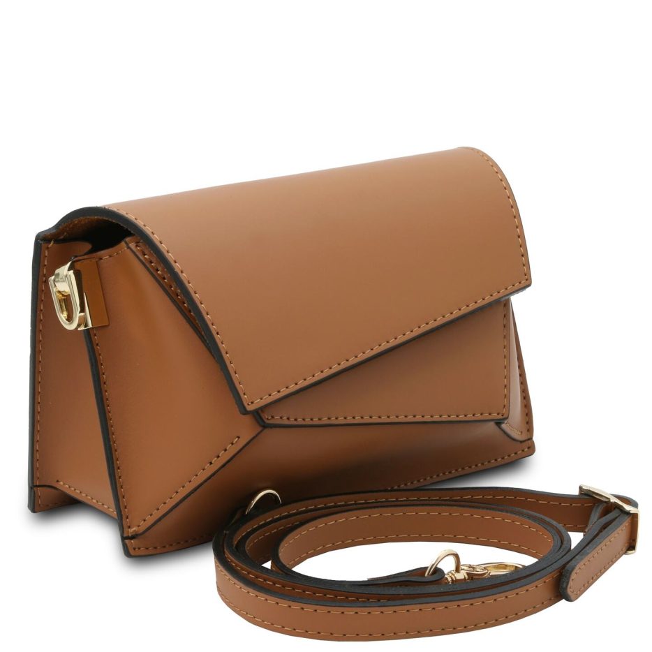 イタリア製スムースレザーショルダーバッグ TL BAG、コニャック、詳細1