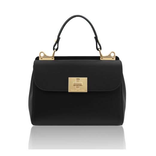 イタリア製スムースボックスレザー2WAYダブルフェイスのハンドバッグ ARMONIA、ブラック