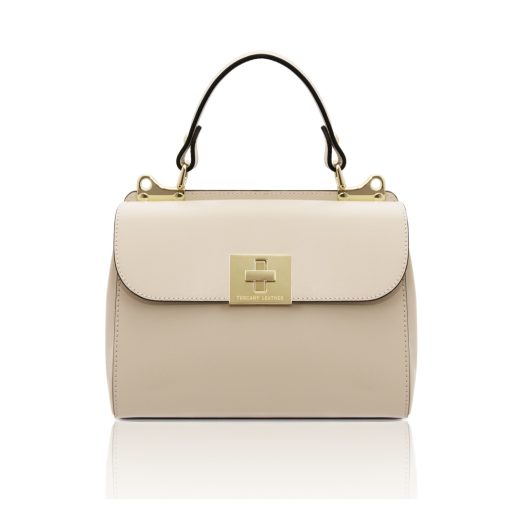 イタリア製スムースボックスレザー2WAYダブルフェイスのハンドバッグ ARMONIA、ベージュ