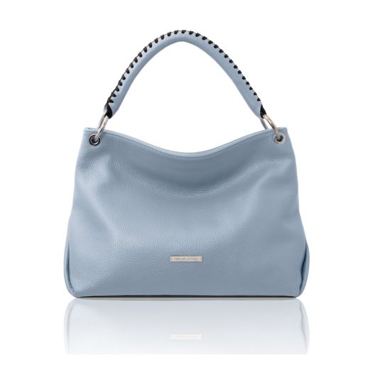 イタリア製シボ型押しレザーのワンハンドル2WAYショルダーバッグ TL BAG、ライトブルー