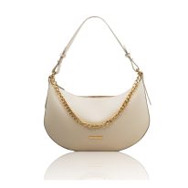 イタリア製シボ型押しレザー3WAY三日月バッグ LAURA、ベージュ