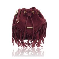 イタリア製スエードレザーのフリンジ巾着ショルダーバッグ TL BAG、ボルドー