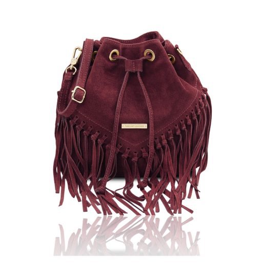 イタリア製スエードレザーのフリンジ巾着ショルダーバッグ TL BAG、ボルドー