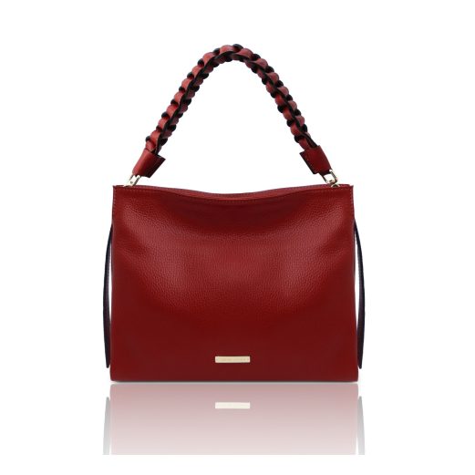 イタリア製シボ型押しレザーの編み込みハンドル2WAYショルダーバッグ TL BAG、レッド