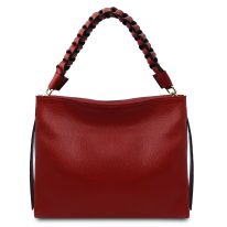 イタリア製シボ型押しレザーの編み込みハンドル2WAYショルダーバッグ TL BAG、レッド、詳細2
