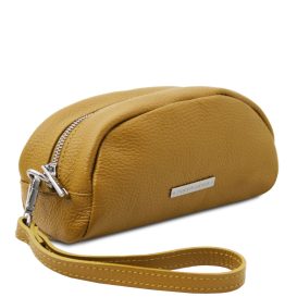 イタリア製シボ型押しレザーのポーチ TL BAG、マスタード、詳細1