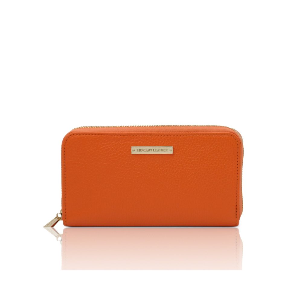 イタリア製シボ型押しレザーのレディース長財布 ERIS、オレンジ