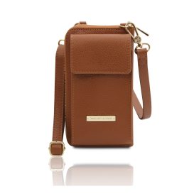 イタリア製シボ型押しレザーのスマホが入るお財布ショルダーバッグTL BAG、コニャック